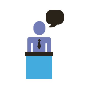 Sahne düz stil ikonunda konuşma balonu olan iş adamı figürü