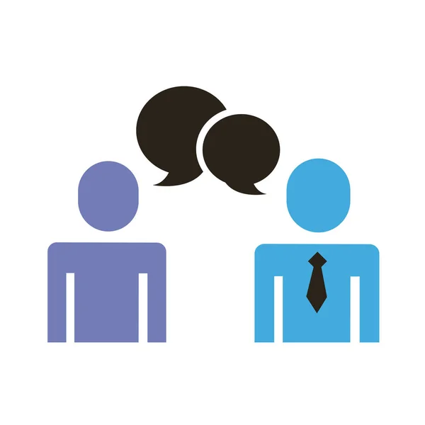 Hombres de negocios pareja figuras con el habla burbuja icono de estilo plano — Archivo Imágenes Vectoriales
