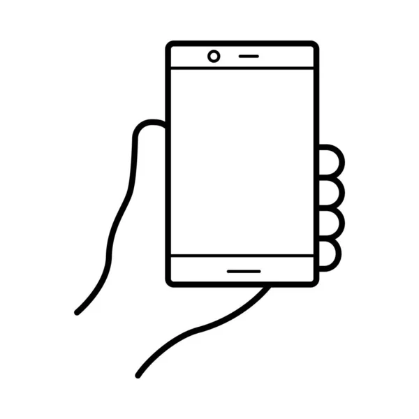 Рука за допомогою значка стилю лінії пристрою смартфона — стоковий вектор