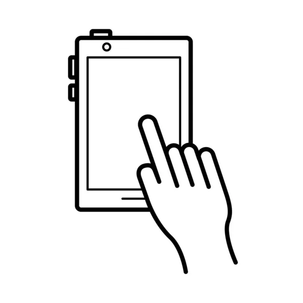 Hand met behulp van smartphone apparaat lijn stijl pictogram — Stockvector