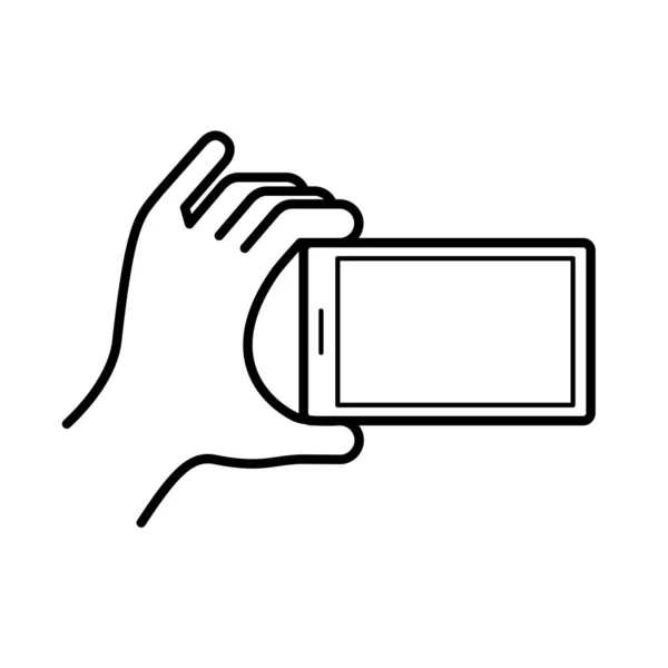 Mano usando el icono de estilo de línea de dispositivo smartphone — Vector de stock