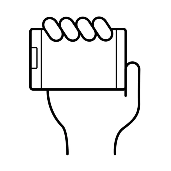 Mão usando o ícone de estilo de linha de dispositivo smartphone —  Vetores de Stock