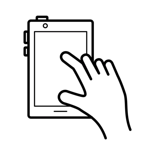 Hand met behulp van tablet apparaat lijn stijl pictogram — Stockvector