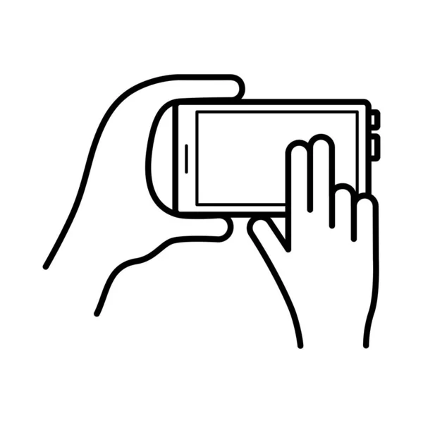 Χέρια χρησιμοποιώντας το εικονίδιο στυλ γραμμής συσκευής smartphone — Διανυσματικό Αρχείο