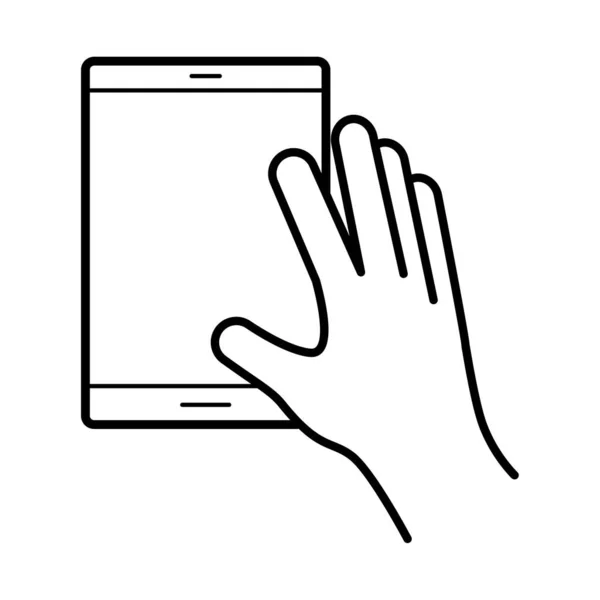 Hand met behulp van tablet apparaat lijn stijl pictogram — Stockvector