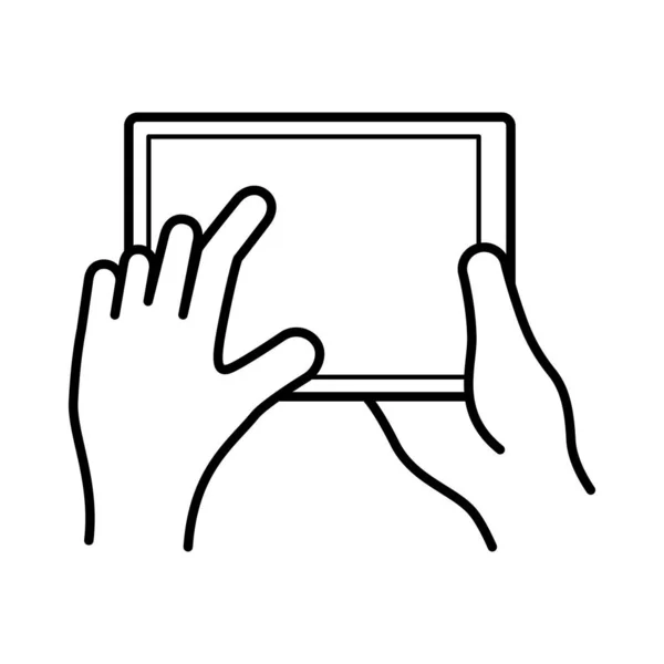 Mani utilizzando icona stile linea dispositivo tablet — Vettoriale Stock