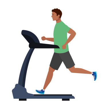 Spor, koşu bandında koşan erkek afro, beyaz arka planda elektrik eğitim makinesinin başında afro saçlı sporcu.