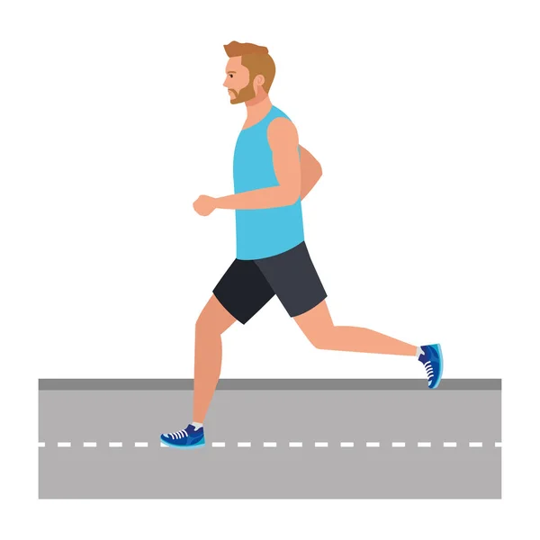 Hombre corriendo en la carretera, hombre en jogging ropa deportiva, atleta masculino sobre fondo blanco — Vector de stock