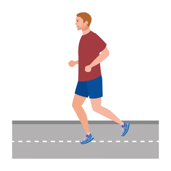 Hombre corriendo en la carretera, hombre en jogging ropa deportiva, atleta masculino sobre fondo blanco — Vector de stock