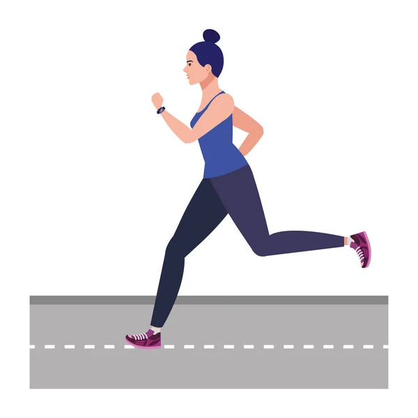 Mujer corriendo en la carretera, mujer en jogging ropa deportiva, atleta femenina sobre fondo blanco — Vector de stock