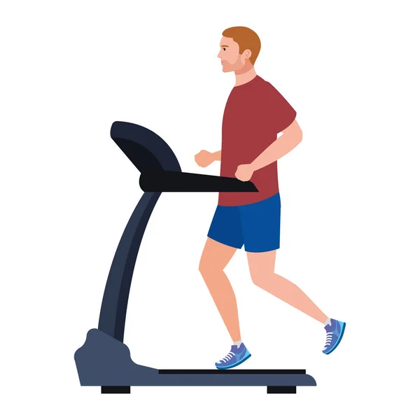 Deporte, hombre corriendo en la cinta de correr, deportista en la máquina de entrenamiento eléctrico sobre fondo blanco — Vector de stock