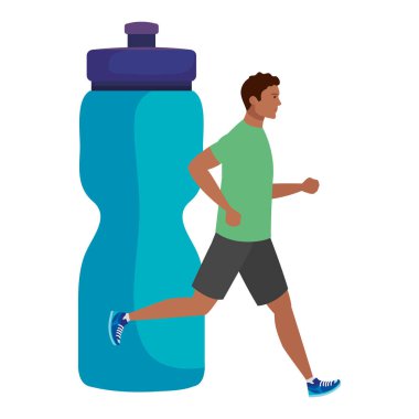 Şişenin arka planında koşan bir afro erkek plastik içecek, su şişeli erkek afro sporcu