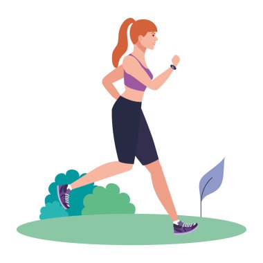 Çimenlerde koşan bir kadın, spor giyinen bir kadın, beyaz arka planda koşan bir kadın.