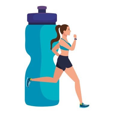 Şişenin arka planında koşan kadın plastik içecek, hidrasyon şişesi olan bayan sporcu.