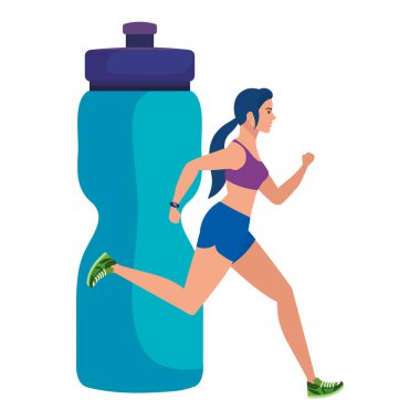Şişenin arka planında koşan kadın plastik içecek, hidrasyon şişesi olan bayan sporcu.
