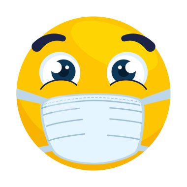 Tıbbi maske takan açık gözlü emoji, açık gözlü sarı yüz, ameliyat maskesi takan beyaz yüz.