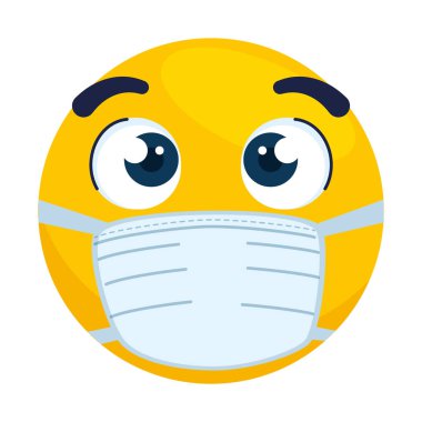 Tıbbi maske takan açık gözlü emoji, açık gözlü sarı yüz, ameliyat maskesi takan beyaz yüz.