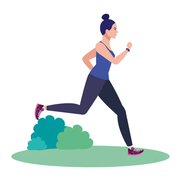 Женщина бегает по траве, женщина в спортивной форме бег трусцой, спортсменка на белом фоне — стоковый вектор