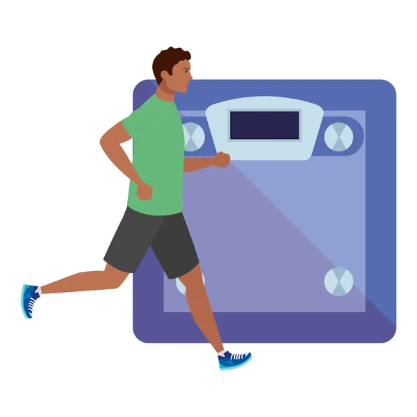 Homem afro correndo com fundo balança de pesagem, atleta afro masculino com máquina de pesagem sobre fundo branco — Vetor de Stock