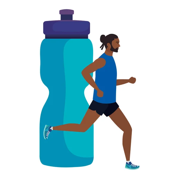 Muž afro běh s pozadím láhev plastový nápoj, muž afro atlet s hydratační láhví — Stockový vektor