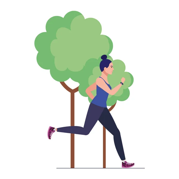 Mujer corriendo en la naturaleza, mujer en ropa deportiva trotando con la planta del árbol sobre fondo blanco — Vector de stock