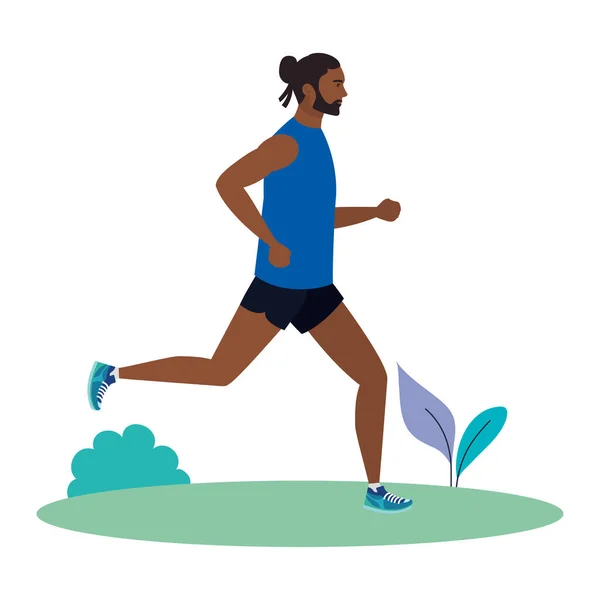 Hombre afro corriendo sobre hierba, hombre afro en jogging de ropa deportiva, atleta afro masculino, persona deportiva afro — Archivo Imágenes Vectoriales
