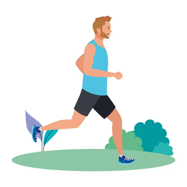 Hombre corriendo sobre hierba, hombre en jogging de ropa deportiva, atleta masculino, deportista — Vector de stock