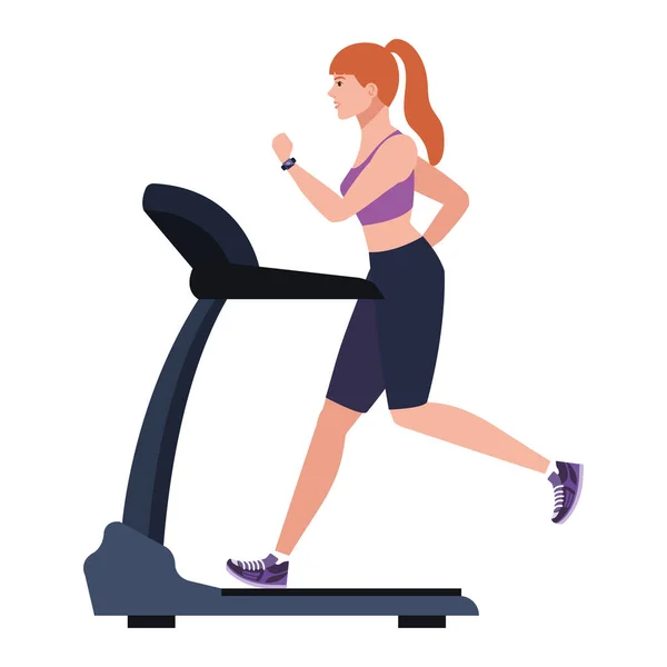 Sport, woman running on treadmill, sport person at the electrical training machine on white background — Stock Vector