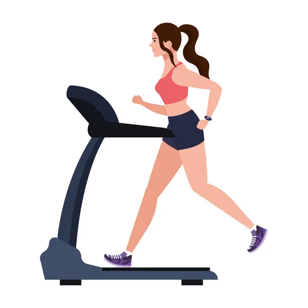 Sport, woman running on treadmill, sport person at the electric training machine on white background — Vector de stock