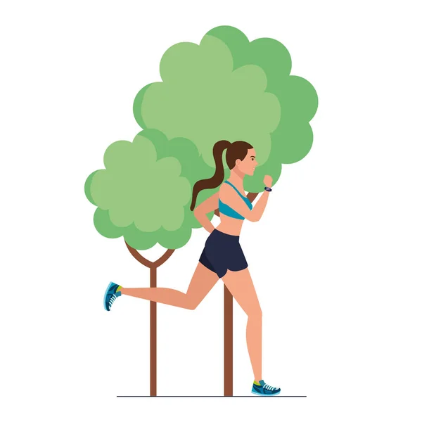 Femme courant dans la nature, femme en tenue de sport faisant du jogging avec une plante d'arbre sur fond blanc — Image vectorielle