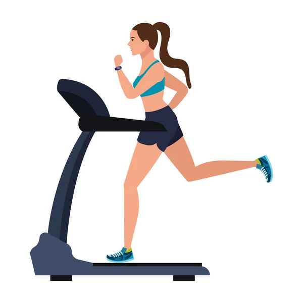 Sport, woman running on treadmill, sport person at the electric training machine on white background — Vector de stock