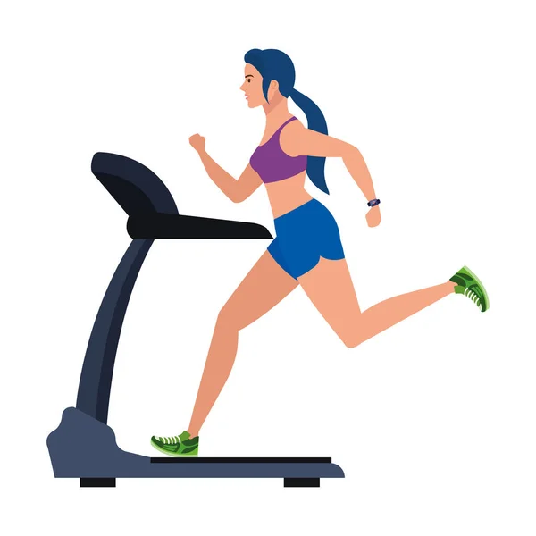运动，妇女在跑步机上跑步，体育人员在白色背景的电动训练机上 — 图库矢量图片