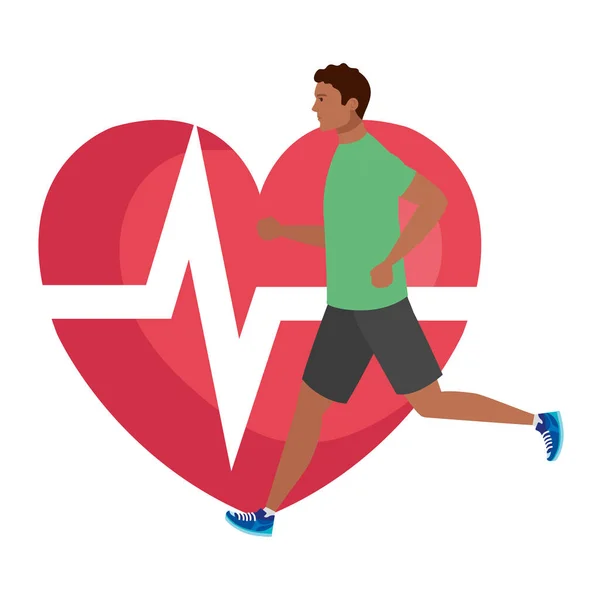 Man afro lopen met hart puls op de achtergrond, man afro atleet met hart cardiologie — Stockvector
