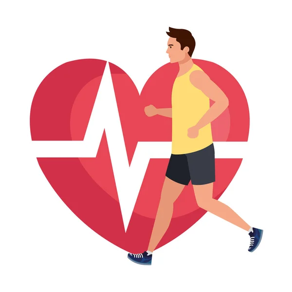Arka planda kalp atışı olan bir adam, kardiyoloji kalbi olan bir erkek atlet. — Stok Vektör
