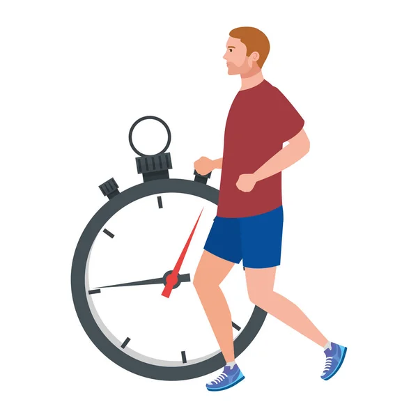 Man kör med stoppur, man i sportkläder jogging, manlig idrottsman med kronometer på vit bakgrund — Stock vektor
