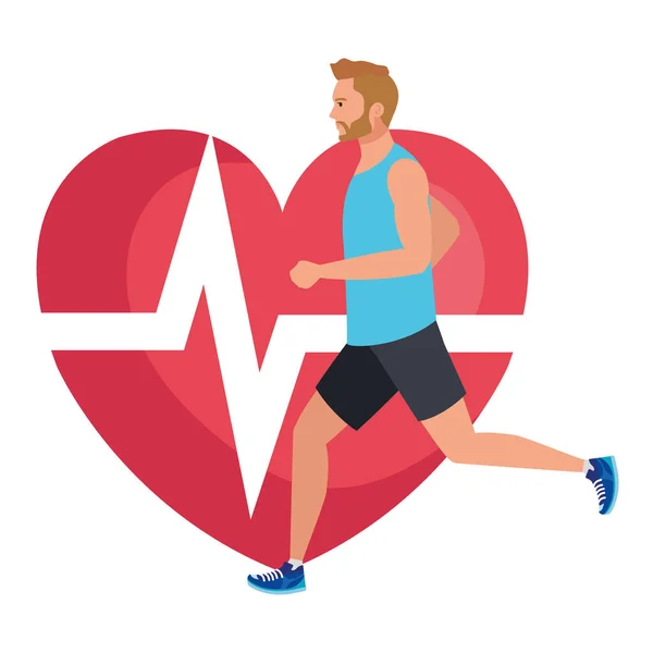 Mann läuft mit Herzpuls im Hintergrund, männlicher Sportler mit kardiologischem Herz — Stockvektor
