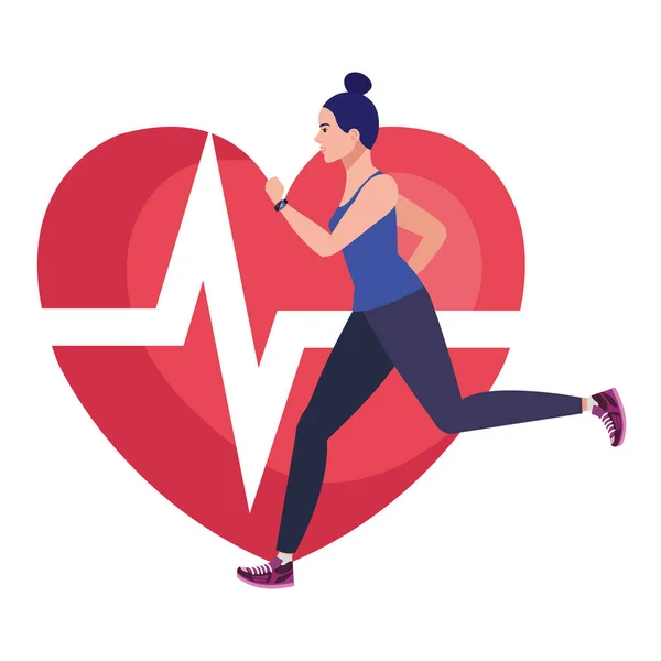 Γυναίκα τρέχει με καρδιακό παλμό στο παρασκήνιο, γυναίκα αθλητής με καρδιά καρδιολογία — Διανυσματικό Αρχείο