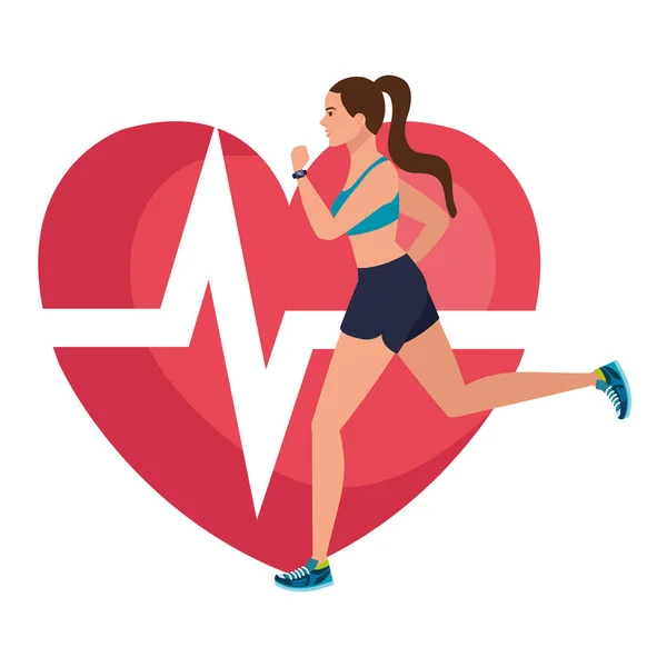 Frau läuft mit Herzpuls im Hintergrund, Sportlerin mit kardiologischem Herz — Stockvektor