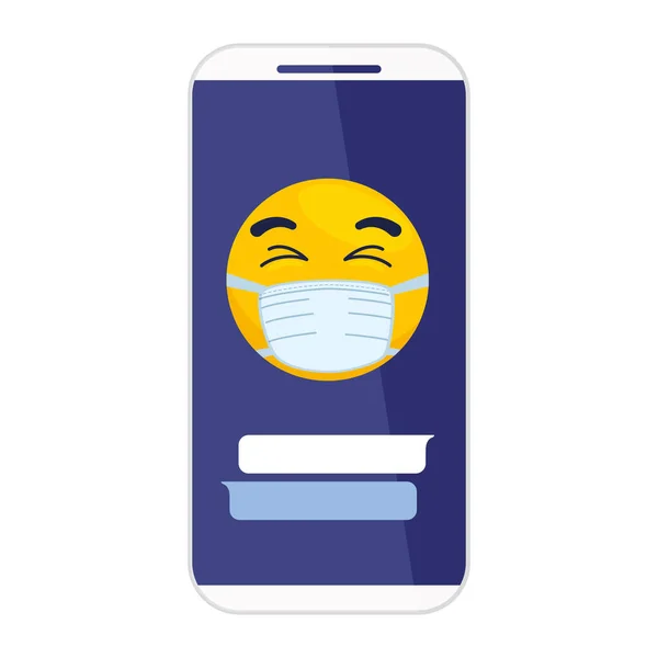 Smartphone and emoji with eyes closed wearing medical mask on white background — Stock Vector