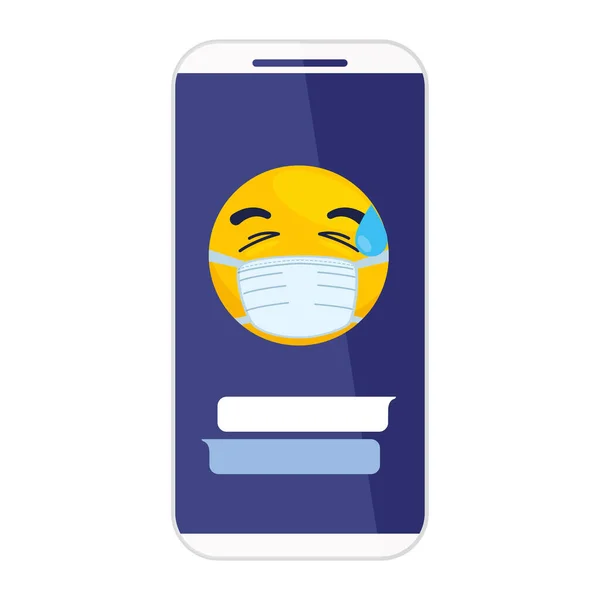 Smartphone and emoji with sweat drop wearing medical mask on white background — Stock Vector