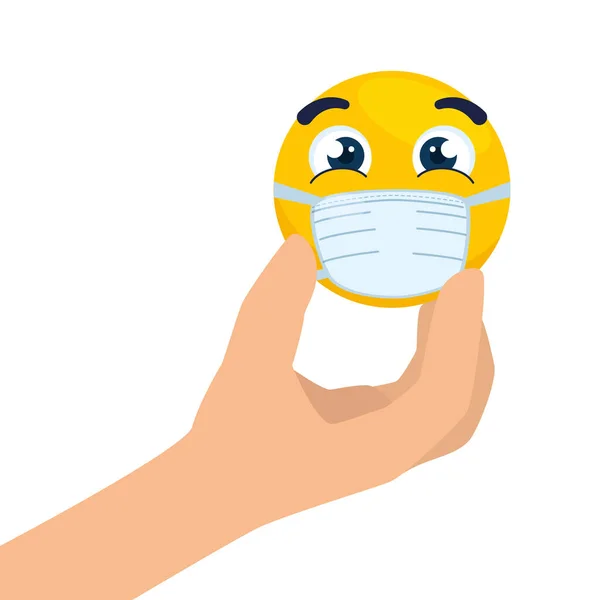 Hand met, emoji het dragen van medische masker, geel gezicht met behulp van witte chirurgische masker pictogram — Stockvector