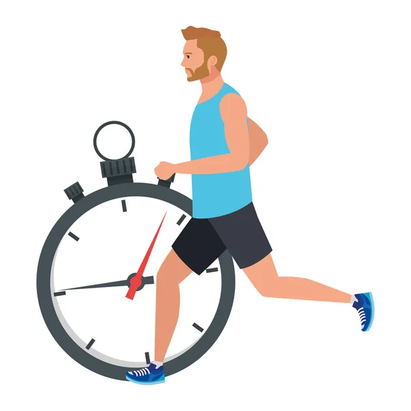 ストップウォッチで走る男スポーツウェアジョギングの男白い背景にクロノメーター付きの男性アスリート — ストックベクタ
