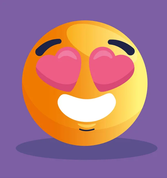 Emoji mooi, gezicht geel met harten in de ogen, op paarse achtergrond — Stockvector