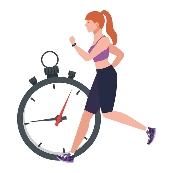 Woman running with stopwatch, female athlete with chronometer on white background — Stock Vector
