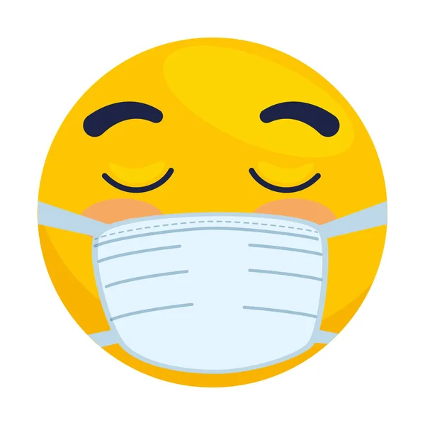 Emoji avec les yeux fermés portant un masque médical, visage jaune avec les yeux fermés à l'aide de l'icône de masque chirurgical blanc — Image vectorielle