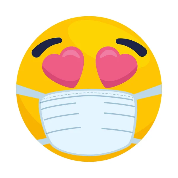 Emoji indah mengenakan masker medis, wajah kuning dengan indah mengenakan ikon bedah topeng putih - Stok Vektor