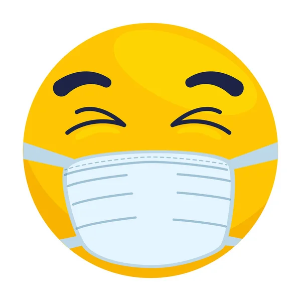 Emoji con los ojos cerrados usando máscara médica, cara amarilla con los ojos cerrados usando icono de máscara quirúrgica blanca — Vector de stock