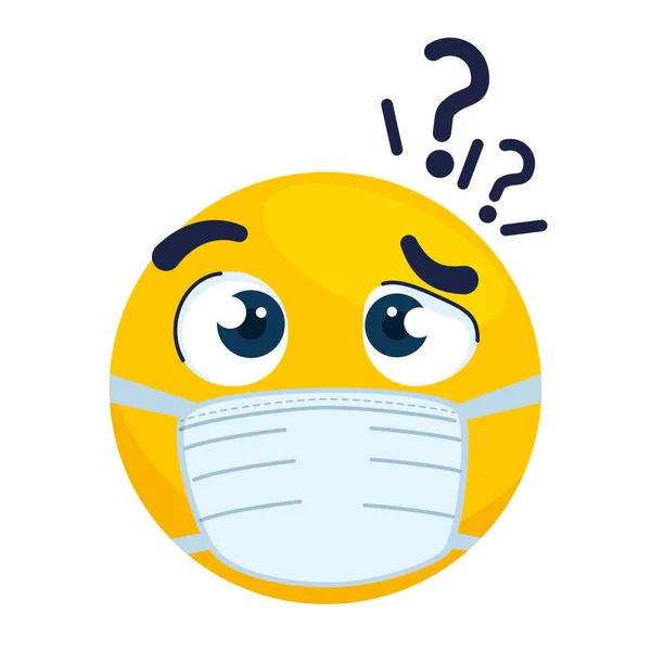 Emoji premuroso indossare maschera medica, viso giallo premuroso con un'icona maschera chirurgica bianca — Vettoriale Stock