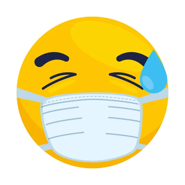 Emoji s kapkou potu nosí lékařskou masku, žlutý obličej s kapkou potu pomocí bílé chirurgické masky — Stockový vektor