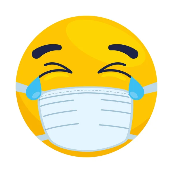 Emoji menangis mengenakan topeng medis, wajah kuning menangis mengenakan ikon topeng bedah putih - Stok Vektor